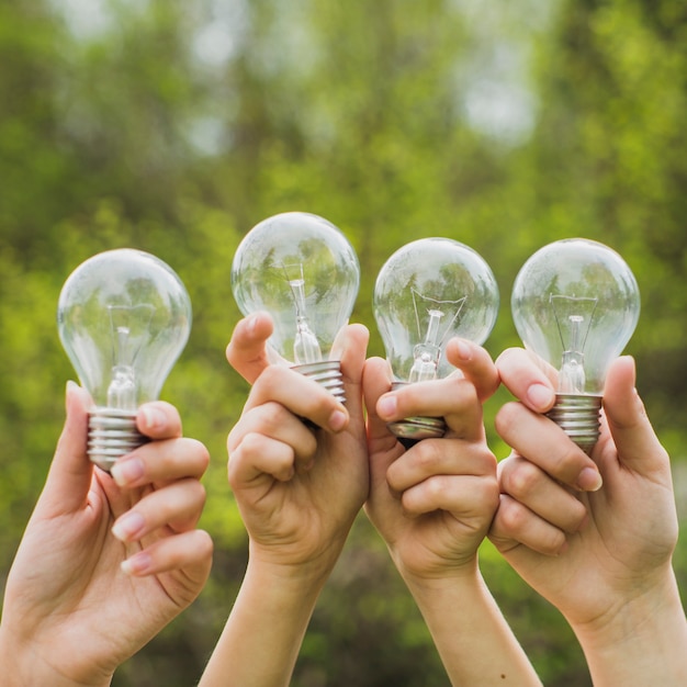 Free photo hands holding light bulbs