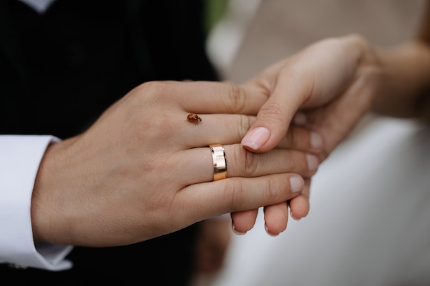 Free photo hands of just married couple with wedding ring and tiny bug