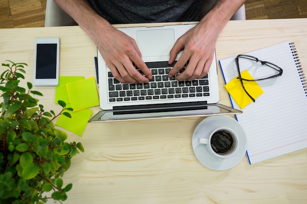 Hands of male business executive using laptop