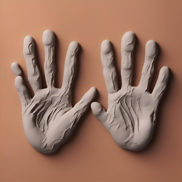 Hands of a man made of clay on a beige background