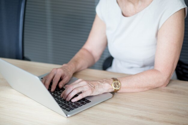 Hands of senior businesswoman typing on laptop