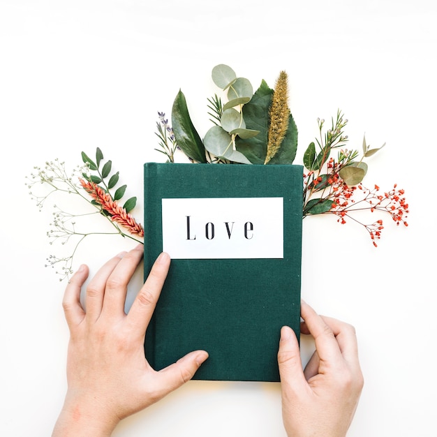 Free Photo hands touching book and leaves