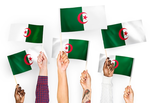 Hands waving flags of Algeria