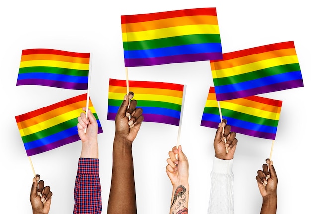 Free photo hands waving rainbow flags