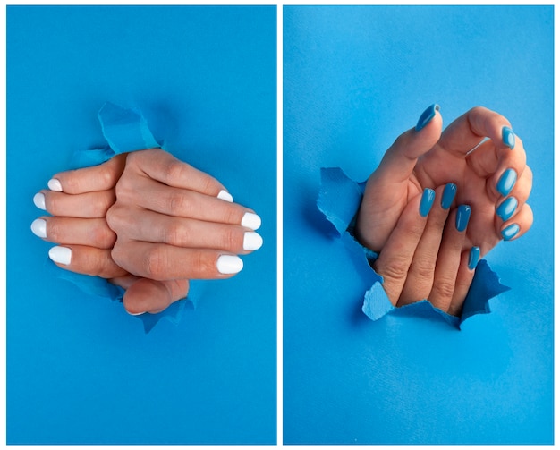 Free photo hands with blue and white nails