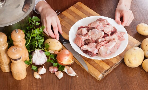 hands with meat and potatoes