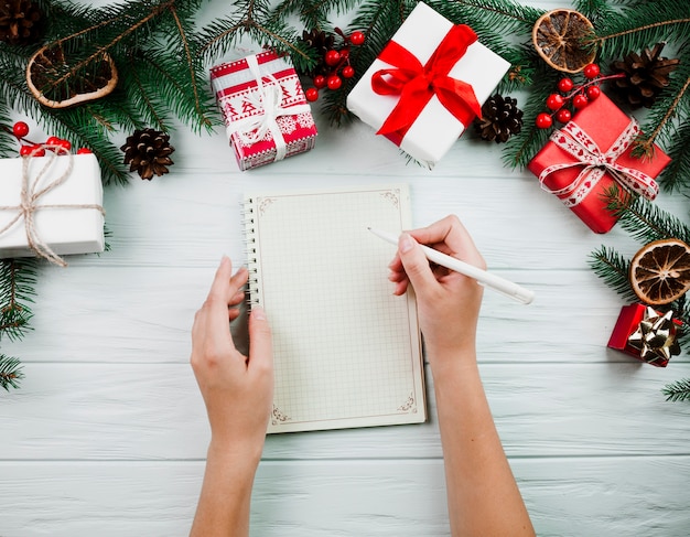 Hands with notebook near Christmas twig 