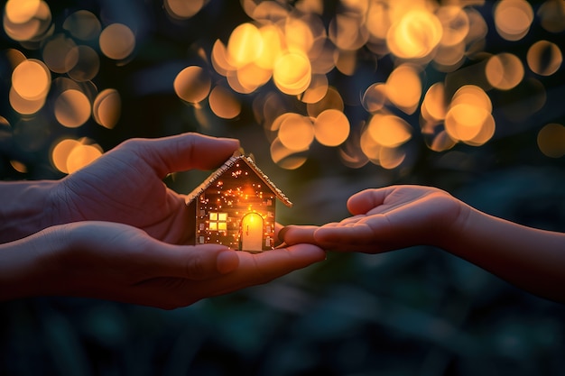 Free photo hands with tiny house with lights