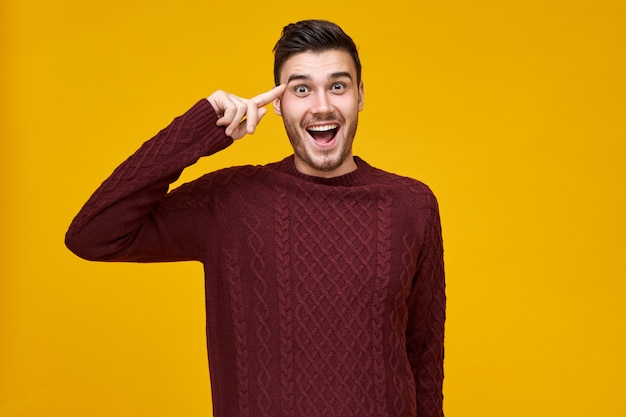 Handsome emotional young male expressing Are you crazy emotion, keeping index finger near head. Excited guy in knitted jumper rolling finger at his temple, opening mouth widely. Think before acting