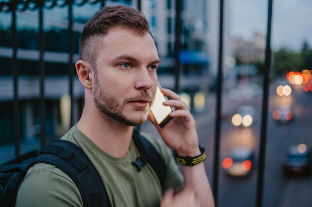 Handsome hipster man walking in street