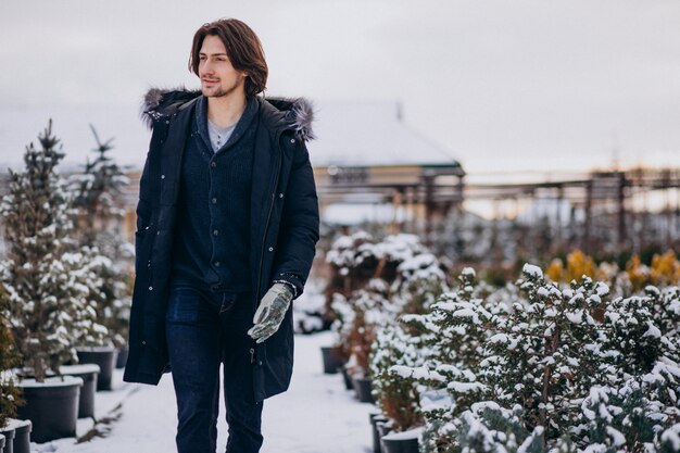 Handsome man choosing a christmas tree