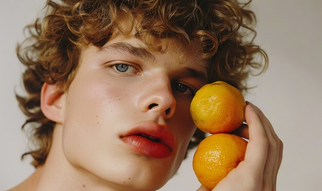 Handsome man posing with fruit