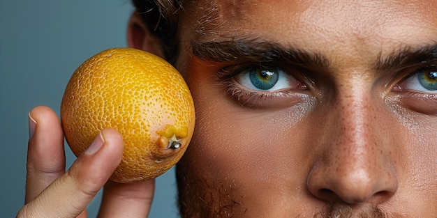 Handsome man posing with fruit