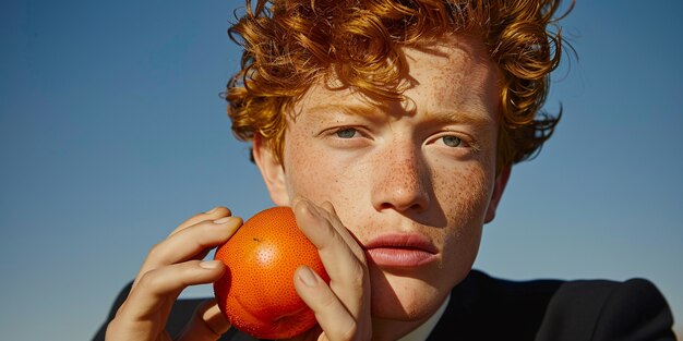 Handsome man posing with fruit