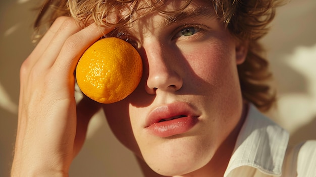 Handsome man posing with fruit