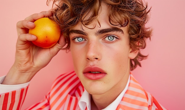 Handsome man posing with fruit