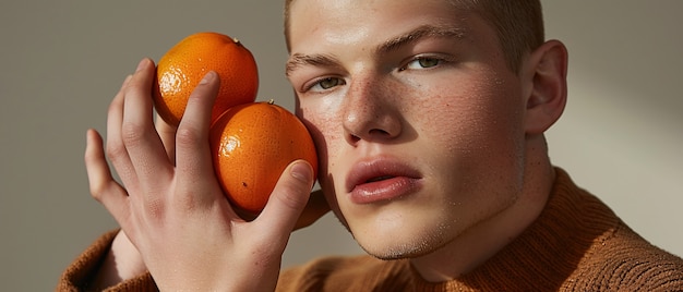 Handsome man posing with fruit