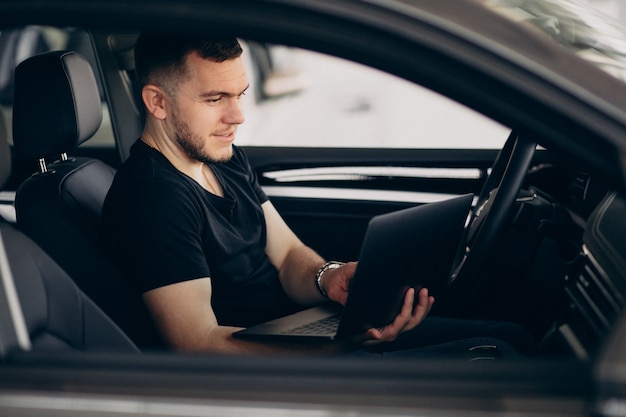 Handsome man sitting in car and testing it