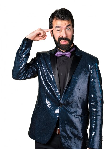 Free Photo handsome man with sequin jacket making crazy gesture