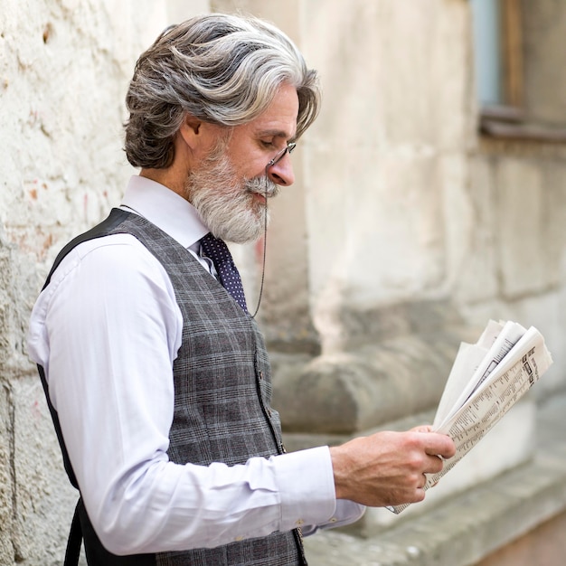 Free photo handsome mature male reading newspaper