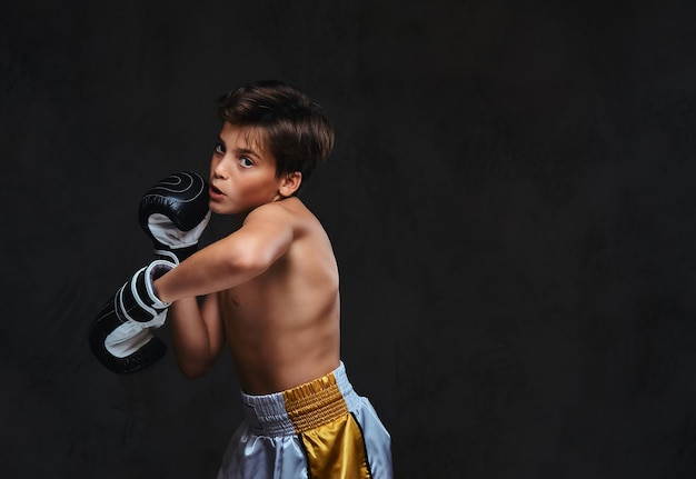 Free photo handsome shirtless young boxer during boxing exercises, focused on process with serious concentrated facial.