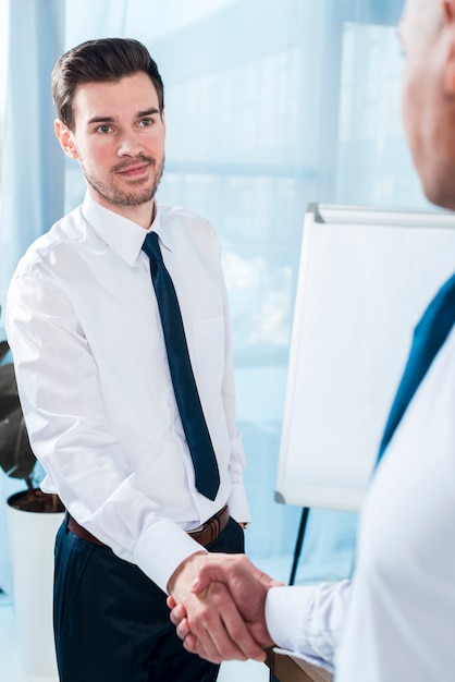 Handsome young businessman shaking hand with his male partner in the office