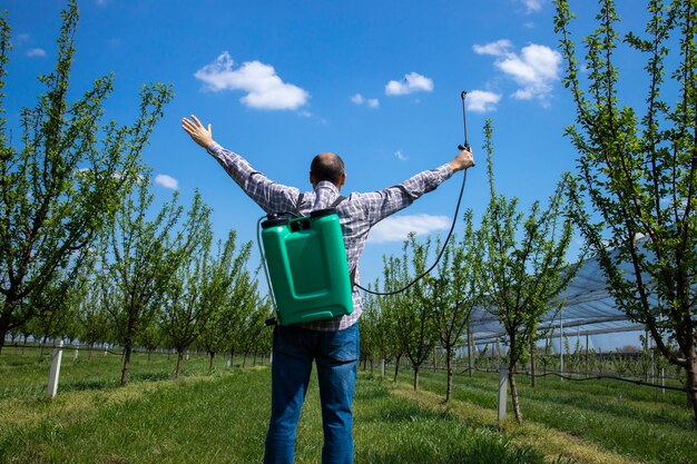 Happy agronomist farmer with sprayer and raised hands celebrating success in apple fruit orchard