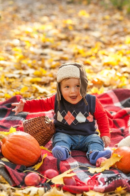 Free photo happy baby with sweater sitting on a blanket