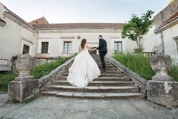 Happy brides are walking around the city