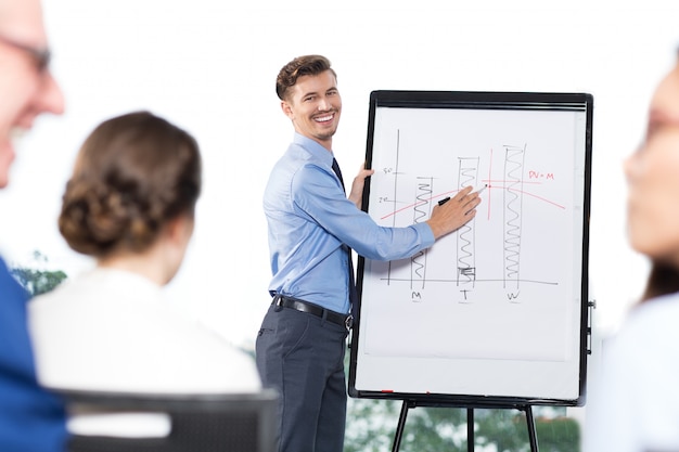 Happy Businessman Presenting Bar Chart to Colleagues