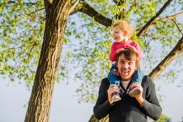 Happy child on his father's shoulders