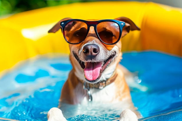 happy dog with sunglasses and floating ring