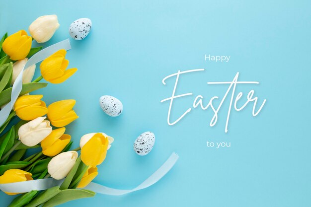 Happy easter background with eggs and tulips and lettering