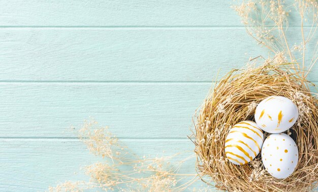 Happy easter Day Easter eggs on wooden background Greetings and presents for Easter Day celebrate