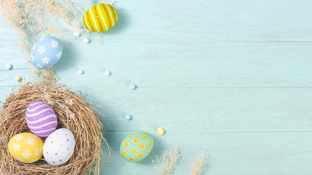 Happy easter Day Easter eggs on wooden background