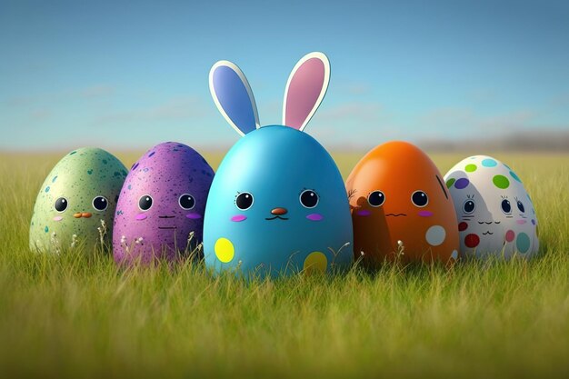 Happy Easter with many colorful cute easter eggs Generative AI