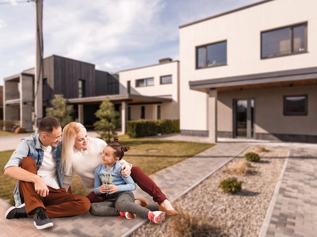 Free photo happy family. family on the background of a new house. modern new house is on the background.