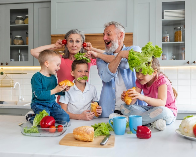 Happy family in kitchen medium shot