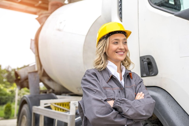 Free photo happy female construction worker standing in front of a truck with folded arms