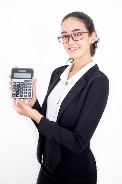 Free photo happy female financial adviser showing calculator