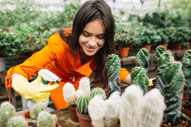 Happy female gardener spraying water on succulent plants