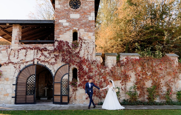 Free Photo happy groom and bride are holding hands together and walking in front of old stone building on the warm autumn day