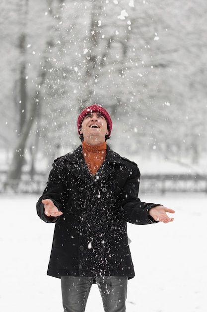 Free Photo happy man standing in the snow