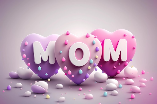 Free photo happy mothers day card 3d hearts with the word mom on them with pastel violet colors