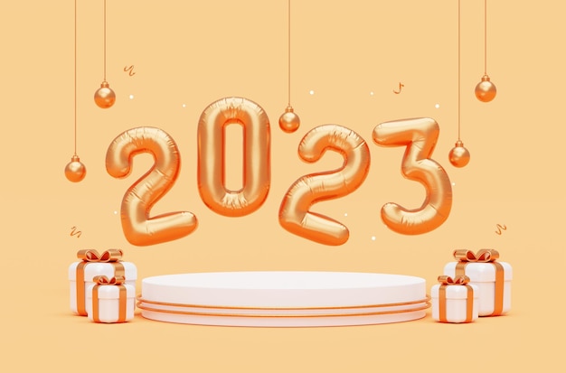 Happy New Year 2023 podium Golden numbers greeting celebration banner isolated background for product placement 3d rendering