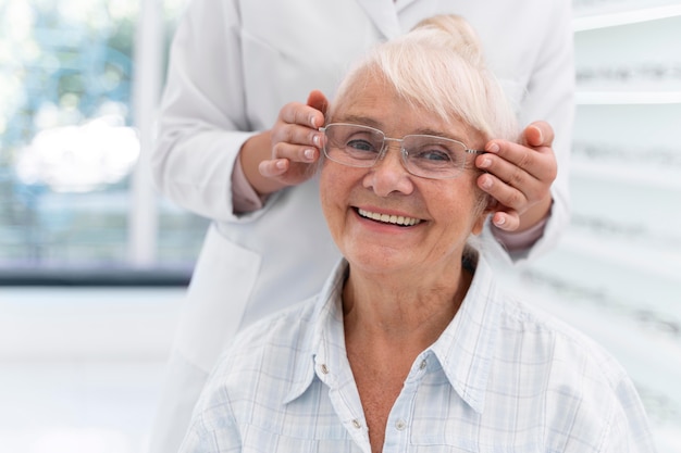 Happy older woman wearing glasses