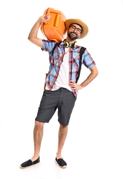 Happy tourist over white background