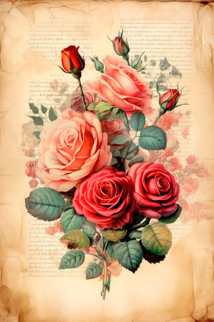 Happy Valentine's Day concept on vintage paper sheet with roses