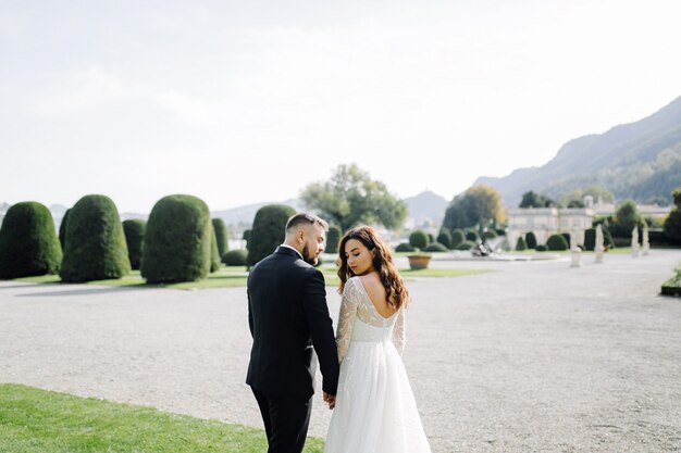 Happy wedding couple in Como Lake, Italy