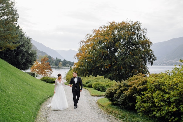 Happy wedding couple in Como Lake, Italy